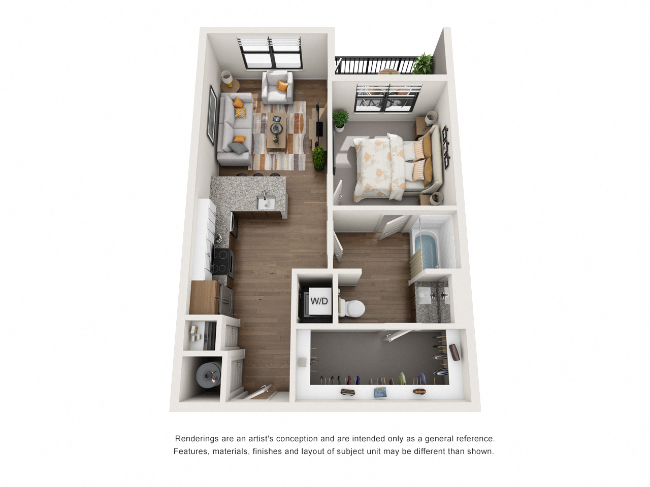 Floor plan for 1 bed, 1 bath, 714 sqft